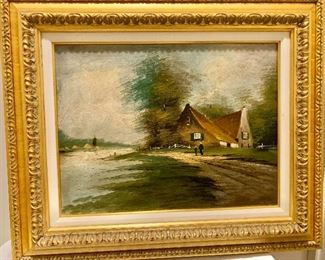 $100  Framed giclee painting of house on riverbank - 22" H x 26" W. 