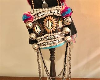 $60  Beaded head dress on stand.   18" H, 13" W, 12" D. 