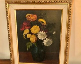 $150  Still life painting of floral bouquet, oil on canvas, 17" H x 14" W. 