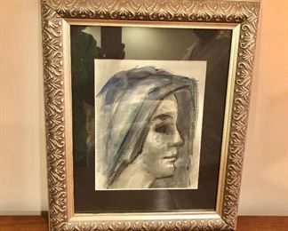 $75 Framed female portrait, charcoal on paper,   18" H x 15" W.