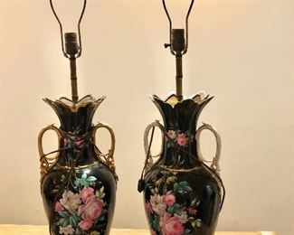 $200 pair floral table lamps.  Each 36" H, 9" diam. 