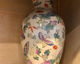 $60.   Butterfly and flower vase 14" H, 7" diam.