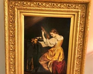 $125 Framed giclee painting of woman playing instrument   26" H x 21" W.