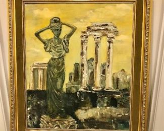$295  Signed Loretta Gladsden painting of classical figure and ruins.  31" H x 26" W. 