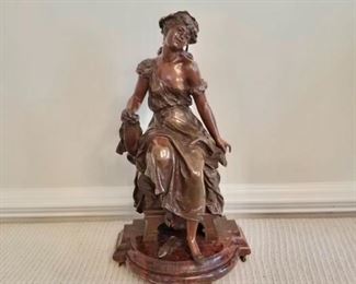 $750 - Metal female figure on marble stand  19" H, 10" W, 8" D. 
