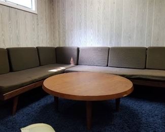 Silkeborg Denmark Teak Round Coffee Table and MCM Sectional Daybed 