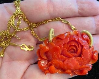 Gorgeous Carved Red Coral on 24k chain ~~~Spectacular