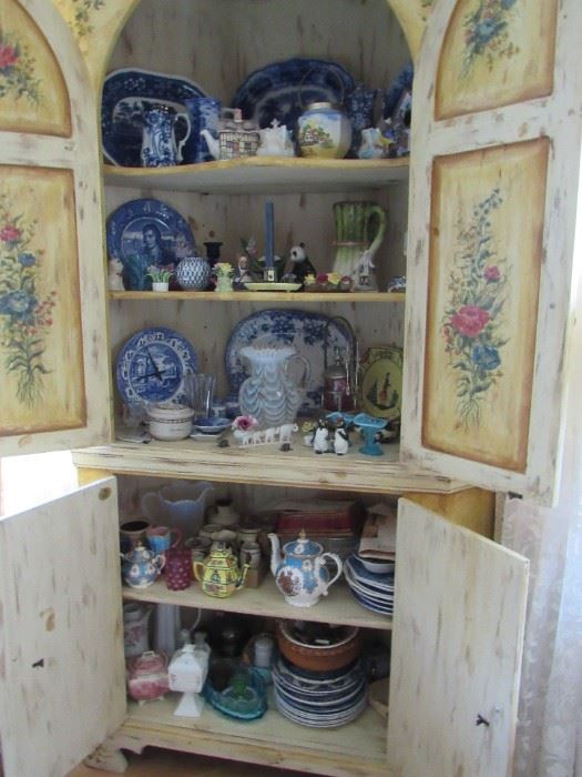 Lots of antique and vintage glassware, china, pottery, teapots, etc.