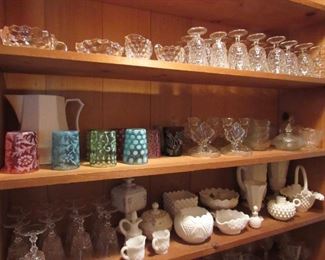 Milk glass, Fostoria Americana, Victorian opalescent tumblers and a set of Iris Depression glass.