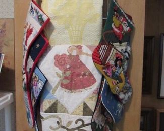 Hand done needlepoint Christmas stockings, vintage matelassé and small quilt