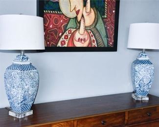 2. Pair Of Blue and White Lamps With shades