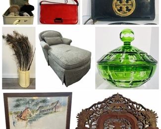 Beautiful Settee - 
French Provincial Cane Back Chairs - Bradington Young Leather Recliner Chair - Halcyon Days Enamel Trinket Box From Neiman Marcus - Tory Burch Clutches - Optelec ClearView Plus Reading Machine - Madeleine Burke Fanning Limited Edition Watercolor - Etc.