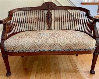 Antique Cat Tailed Back Bench with Custom Upholstered Seat