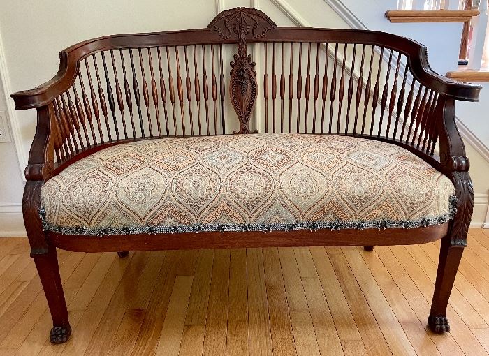 Antique Cat Tailed Back Bench with Custom Upholstered Seat