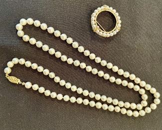 Pearl Necklace with 14K Clasp                                                          14K Gold & Pearl Pin   