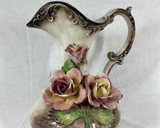 Large Capodimonte Italy Porcelain Rose Pitcher