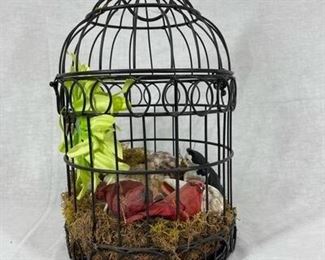 Black Metal Wire Bird Cage With Artificial Moss and Birds