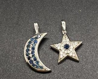 Sterling Silver CZ Sapphire Moon and Star Pendant Enhancers Charms