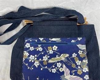 Cranes and flowers denim and wood large shoulder bag