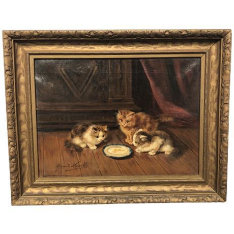 Alfred Arthur Brunel de Neuville Original Oil "Three Kittens" 