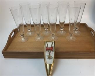 6 Etched  Beer Glass on Tray with Budweiser Beer Tap