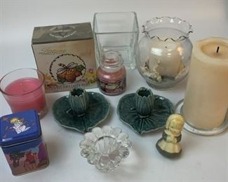 Candle lot including Chelsea Keramix Art Works Lily Pad Holders