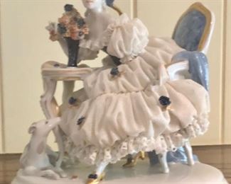 German Dresden porcelain lace lady dog