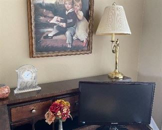 Small monitor, brass lamp, waterford click, binoculars, framed print and vintage secretary desk