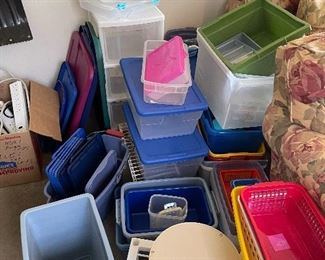 Plastic storage bins and shelving