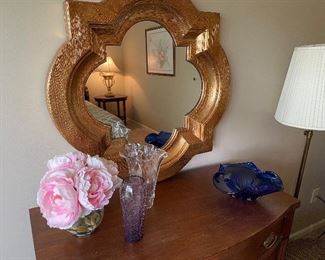 Gold mirror, Peony Floral, hand-blown glass vases, dish, and brass floor lamp