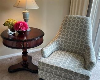 Center pedestal table, lamp and armchair - all in excellent condition