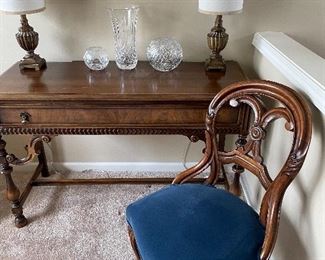 Vanity desk with single drawer, armchair, waterford crystal and matched lamps