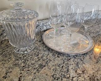 Ice bucket, wine glasses and silver-plated tray