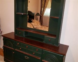 queen bed, green painted wood bedroom set
