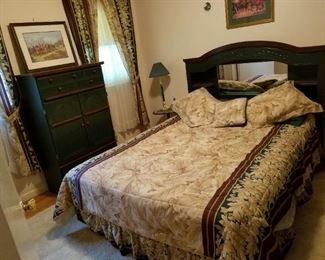 queen bed, green painted wood bedroom set
