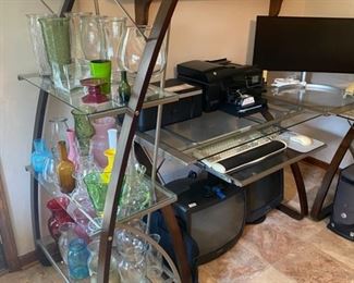 Glass Top Modular Corner Desk - 30"H x 27.5"D x Sides are 68" & 82" - WAS $140 NOW $70 & Glass Top 4-Tier Metal Shelf - 60"H x 30"W x 17"D - WAS $75 NOW $50