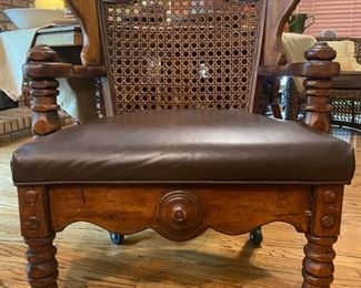 1970's Solid Wood Dining Table & 4 Cain Back Leather Seating Arm Chairs - 27.5"H x 61"W x 44"D - WAS $220 NOW $110