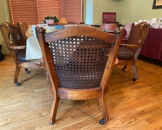 1970's Solid Wood Dining Table & 4 Cain Back Leather Seating Arm Chairs - 27.5"H x 61"W x 44"D - WAS $220 NOW $110