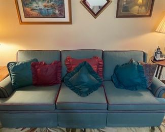 Green & Red Upholstered 3-Seater Sofa - 33"H x 87"W x 33"D - WAS $160 NOW $80