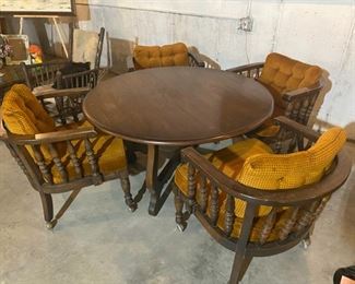 Vintage Wood Round Table w/4 Barrel Chairs - 26.5"H x 48"Dia (Table) + 30"H x 26"W x 27"D (Chair) - WAS $140 NOW $70