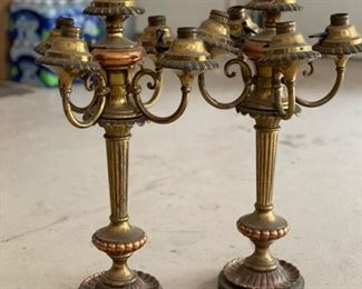 Pair of antique brass 4 arm candelabra table lamps with 5 sockets. Needs new wiring. 