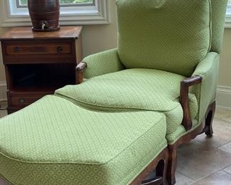 Upholstered loose back armchair and ottoman - 2 available. Each chair measures 45" D x 33" W; each ottoman measures 29" x 24" x 18" H. 