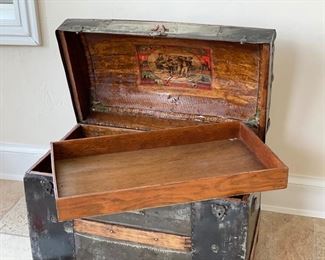 Dome-top steamer trunk with shelf. Measures 28" W x 16" H x 20" D. Photo 2 of 3.