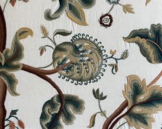 Pair of Jacobean-style carved wood armchairs with barely twist frame with nailhead trim. Crewel embroidery fabric. Measures 50" H. Seat depth 18"  and arm height 29". Photo 3 of 3. 