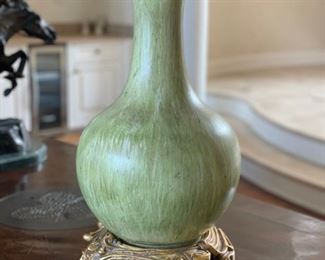 Pair of green painted wood table lamps with ornate gilt base. Measures 12" W x 26" H without shade. 34" H with shade. Photo 2 of 2. 