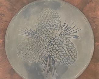 Walnut grand console with brass pinecone inlay detailing. Measures 107" W x 32" H. Photo 3 of 3. 