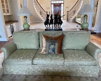 Dessin Fournir upholstered damask three-seat sofa - 2 available. Down cushions. Measures 88" W x 32" H x 36" D. 