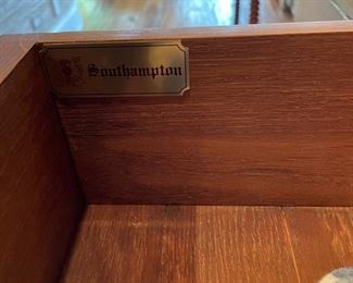 Three-drawer Southampton Jacobean style console with brass pulls. Measures 65" W x 36" H x 20" D. Photo 3 of 3. 