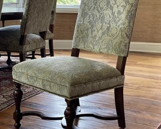 Dennis & Leen set of 8 damask upholstered dining chairs with nailhead trim.  Set includes 2 armchairs and 6 side chairs. Photo 1 of 2. 
