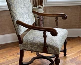 Dennis & Leen set of 8 damask upholstered dining chairs with nailhead trim.  Set includes 2 armchairs and 6 side chairs. Photo 2 of 2. 